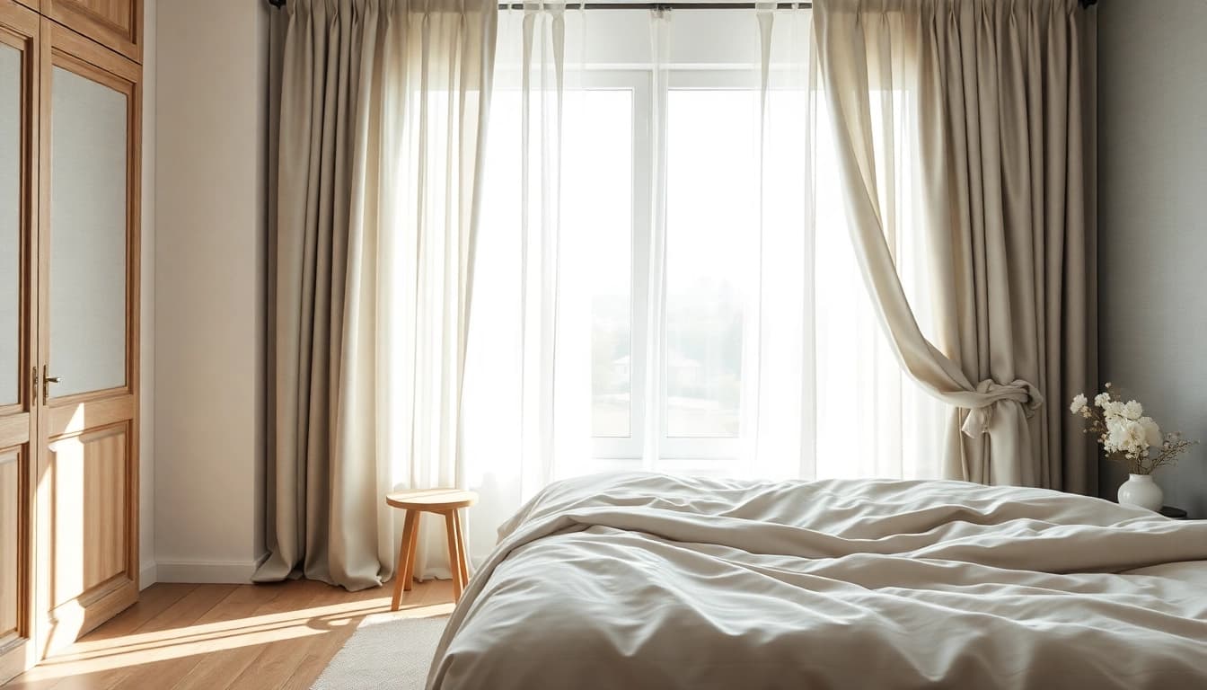 Verduisterende gordijnen bieden optimale verduistering in een rustige slaapkamer.