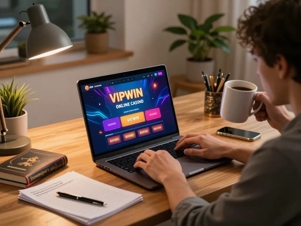 Engaged player enjoying VIPWIN online casino gaming on a laptop, surrounded by playful strategy notes and coffee.