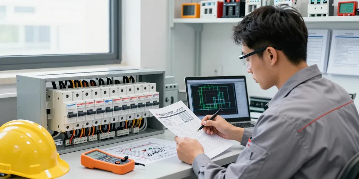 Moulded case circuit breaker examination by technician in professional workspace with tools and equipment.