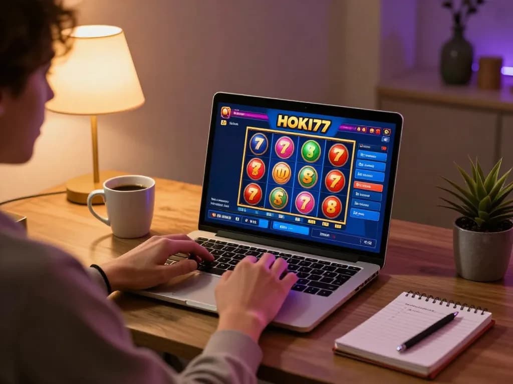 Permainan menarik di kasino online HOKI77 dengan gulungan berwarna yang berputar di laptop.