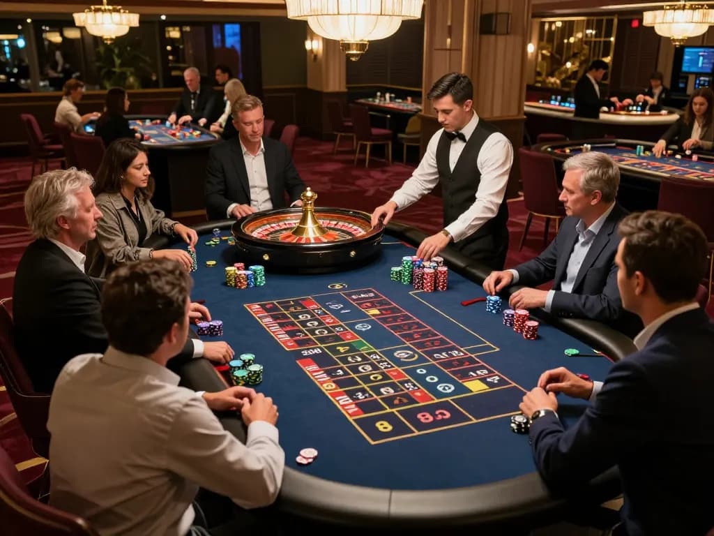 Engaging players at the dynamic roulette table of nhà cái 388bet in a luxurious casino setting.