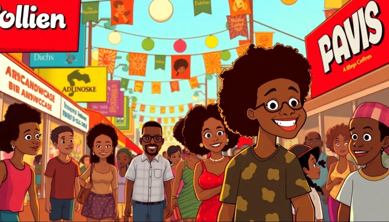 A celebration of African American Cartoons at a street fair, featuring colorful characters and vibrant community interaction.