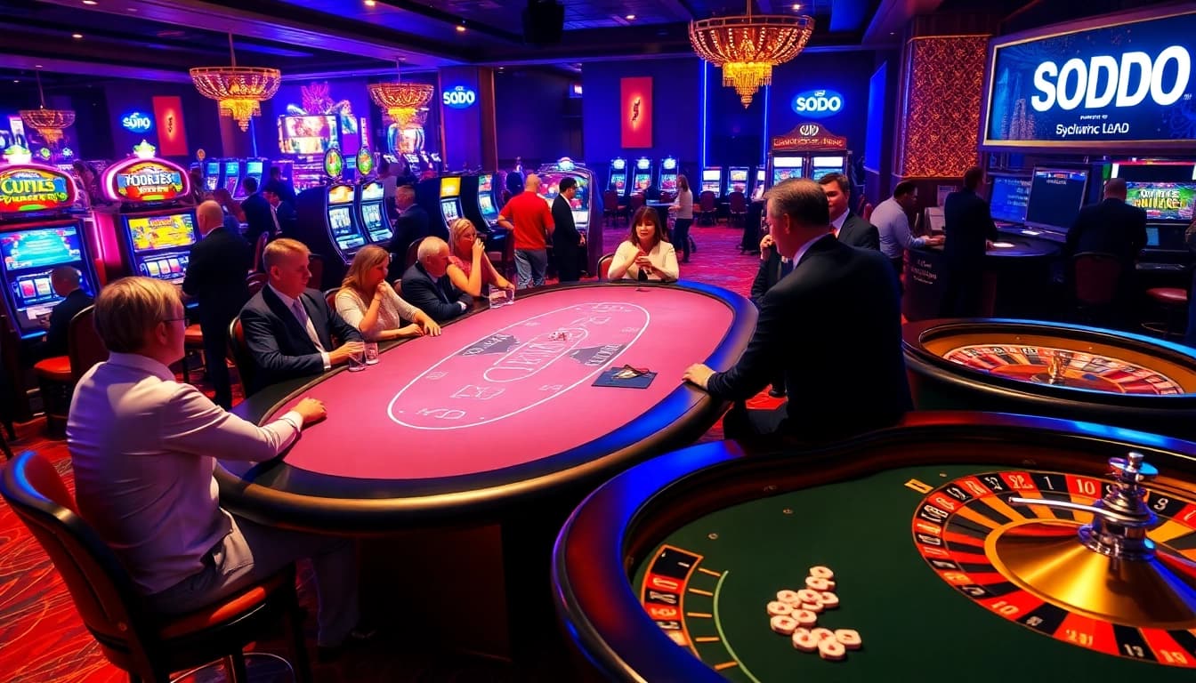 SODO casino atmosphere with vibrant gaming tables and excited players engaged in poker.