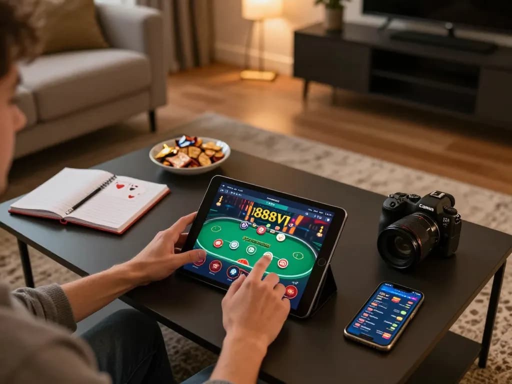 Person enjoying 888VI casino app at home, showcasing dynamic online gaming atmosphere.