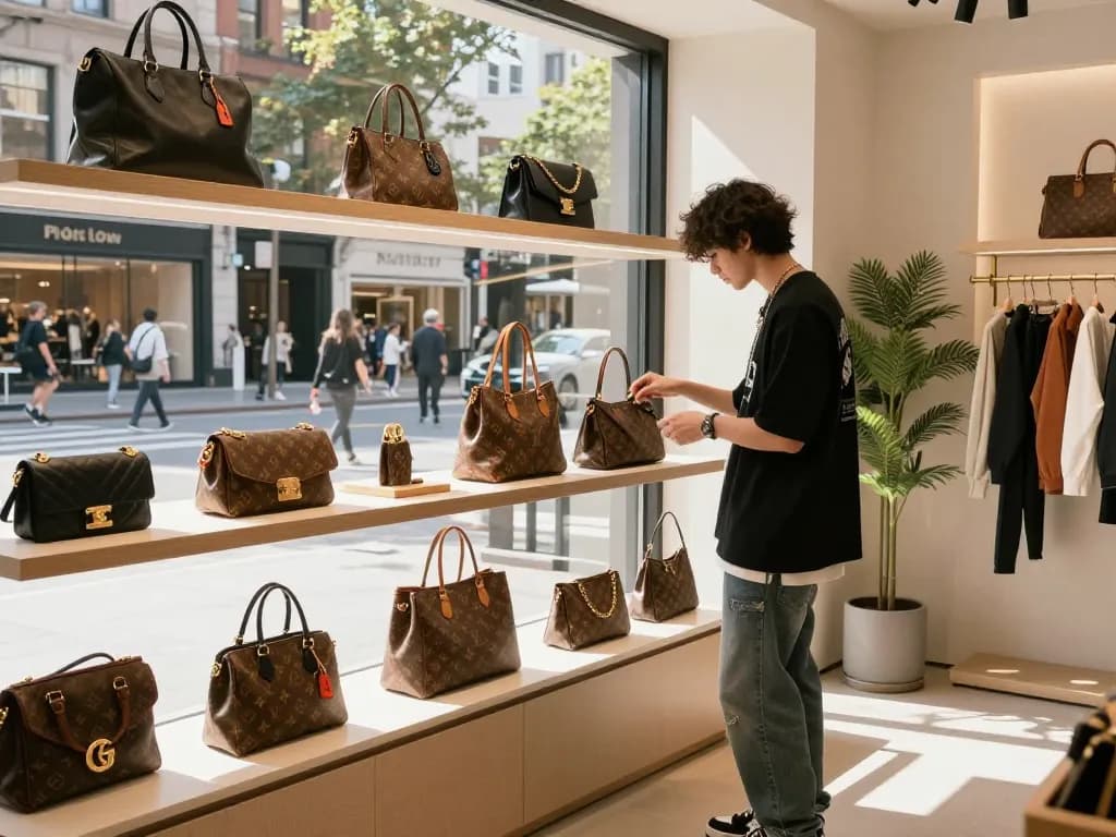 Fashion lover exploring luxury 레플리카 handbags in a stylish urban boutique.