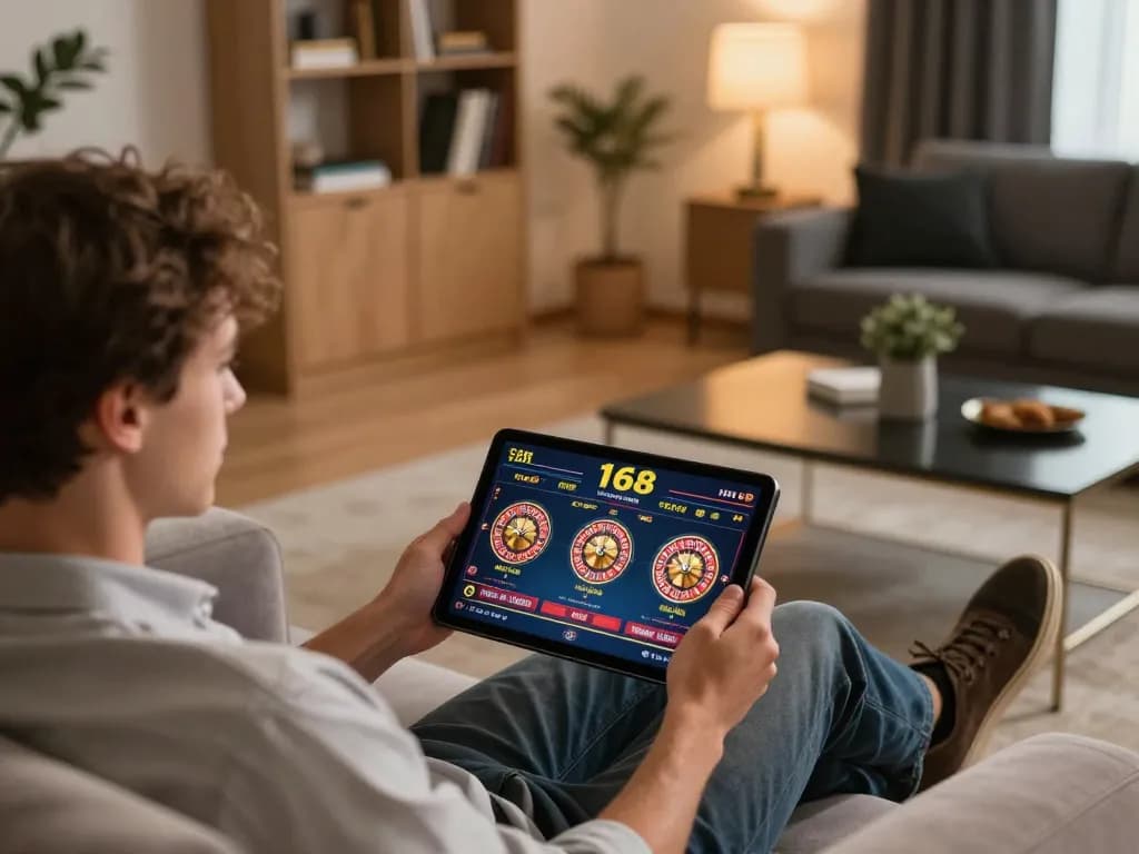 Player engaging with f168 casino app on tablet, showcasing online gaming excitement in a cozy home setting
