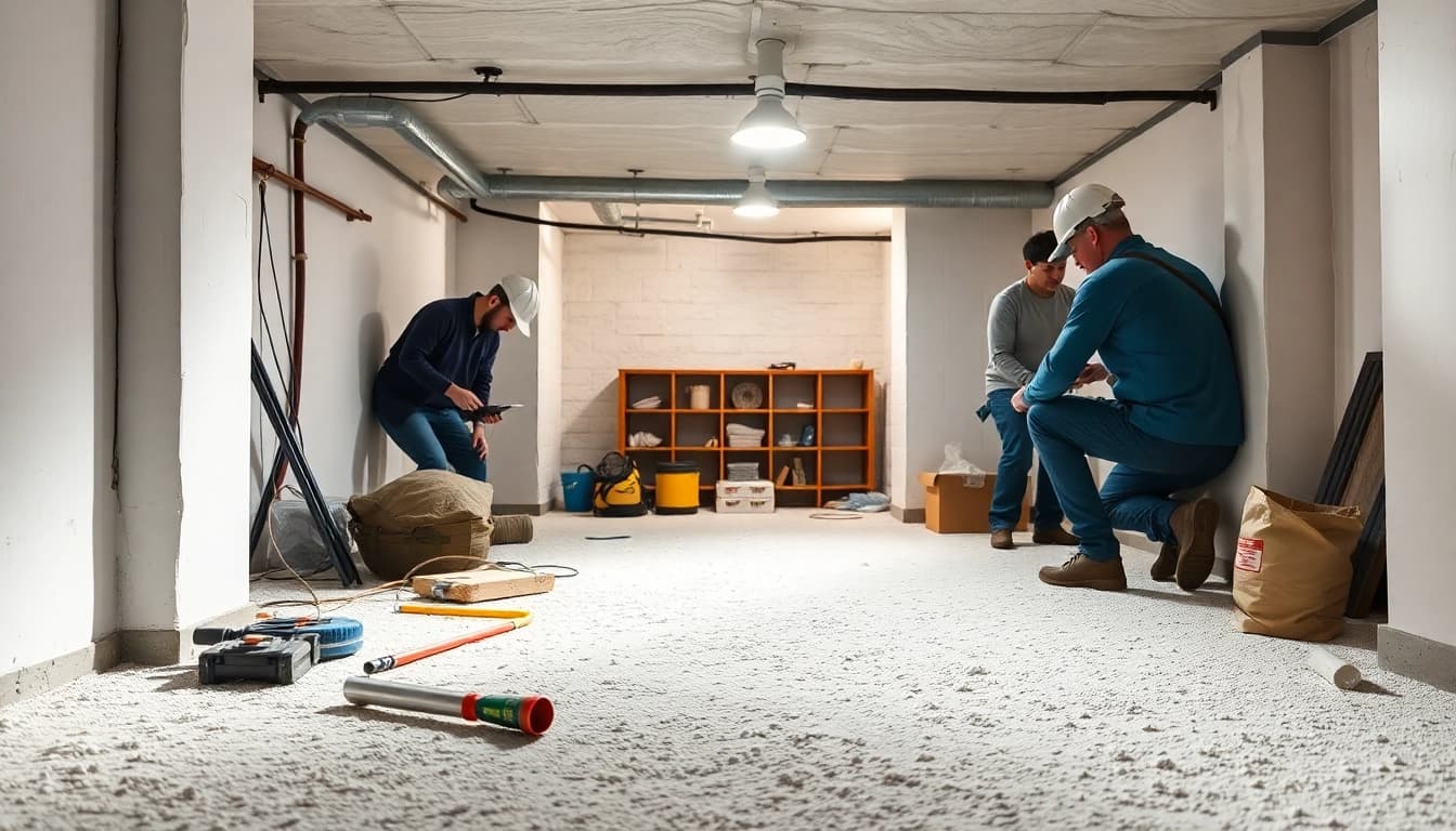 Crawl Space Restoration service showcasing technicians repairing a clean, insulated crawl space.