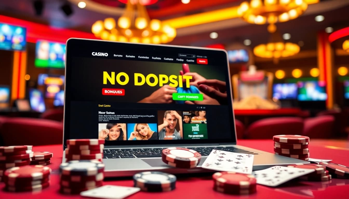 No deposit bonuses highlighted on a laptop in a vibrant online casino setting