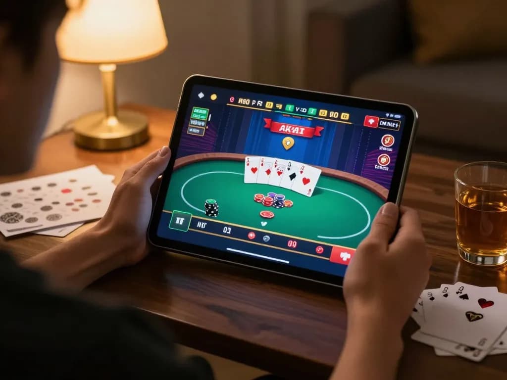 Player enjoying an online poker game with 789win on a tablet at home, showcasing a cozy and strategic gaming experience