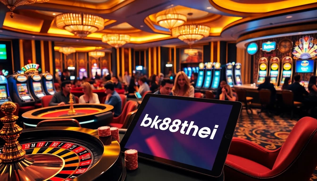 Experience the thrill of bk8thai ทางเข้า at a luxurious casino table with vibrant poker chips and engaging players.