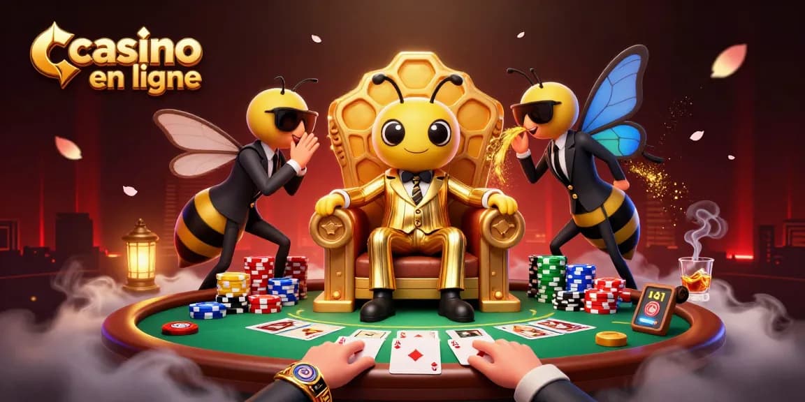 Une illustration casino en ligne dynamique avec un patron d'abeille et des jeux de cartes visibles