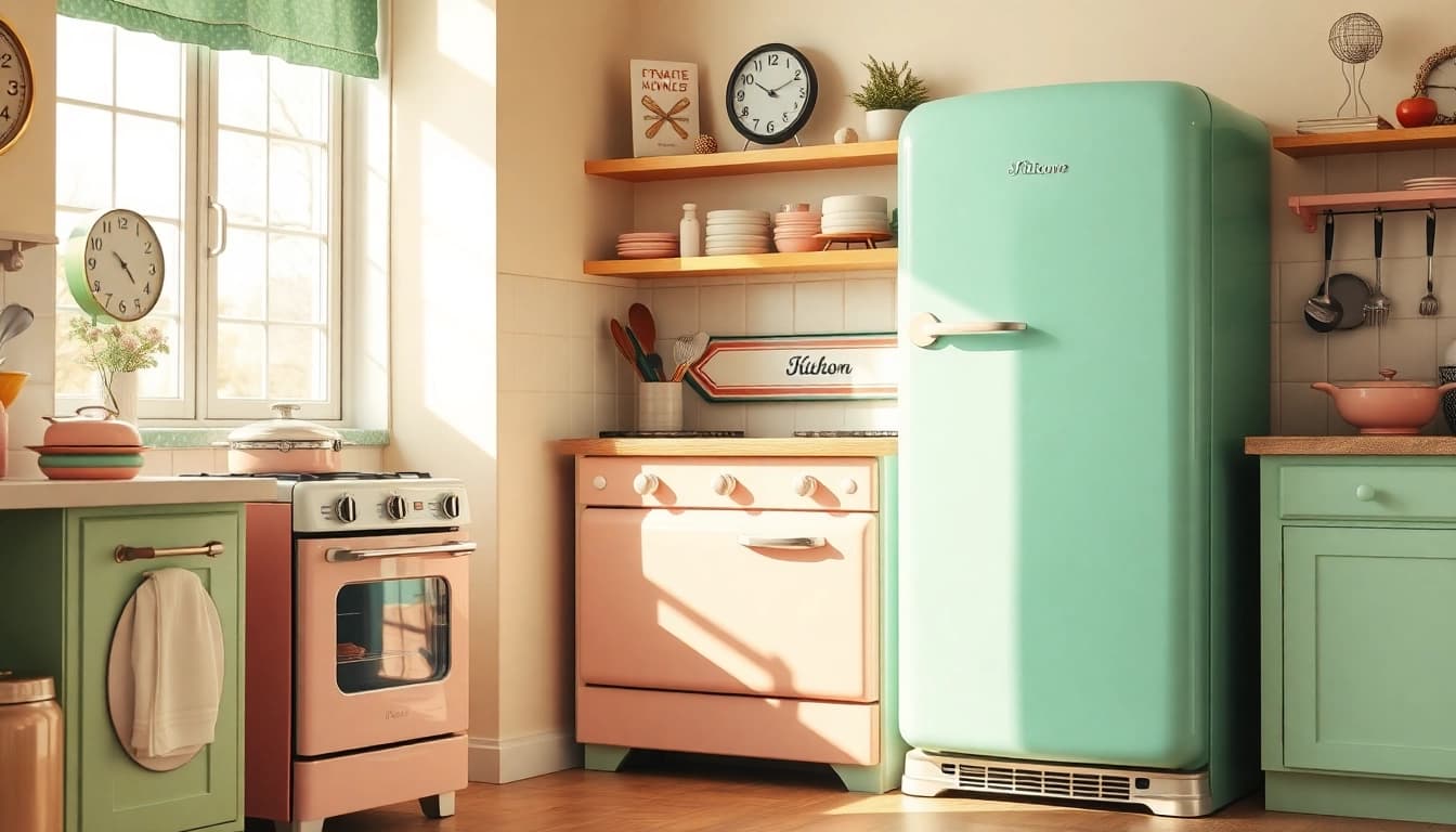 Featuring stylish retro appliances in a vintage kitchen, highlighting 1950s charm and pastel colors.