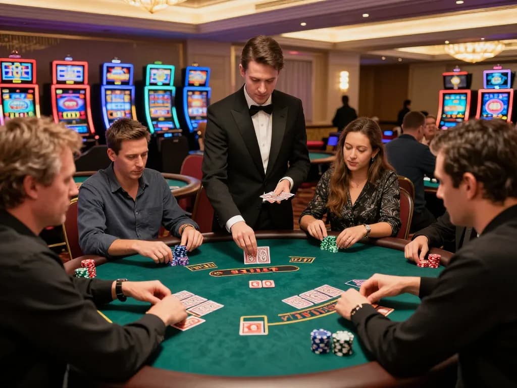SC88 players enjoying intense blackjack gameplay with a professional dealer in a vibrant casino atmosphere
