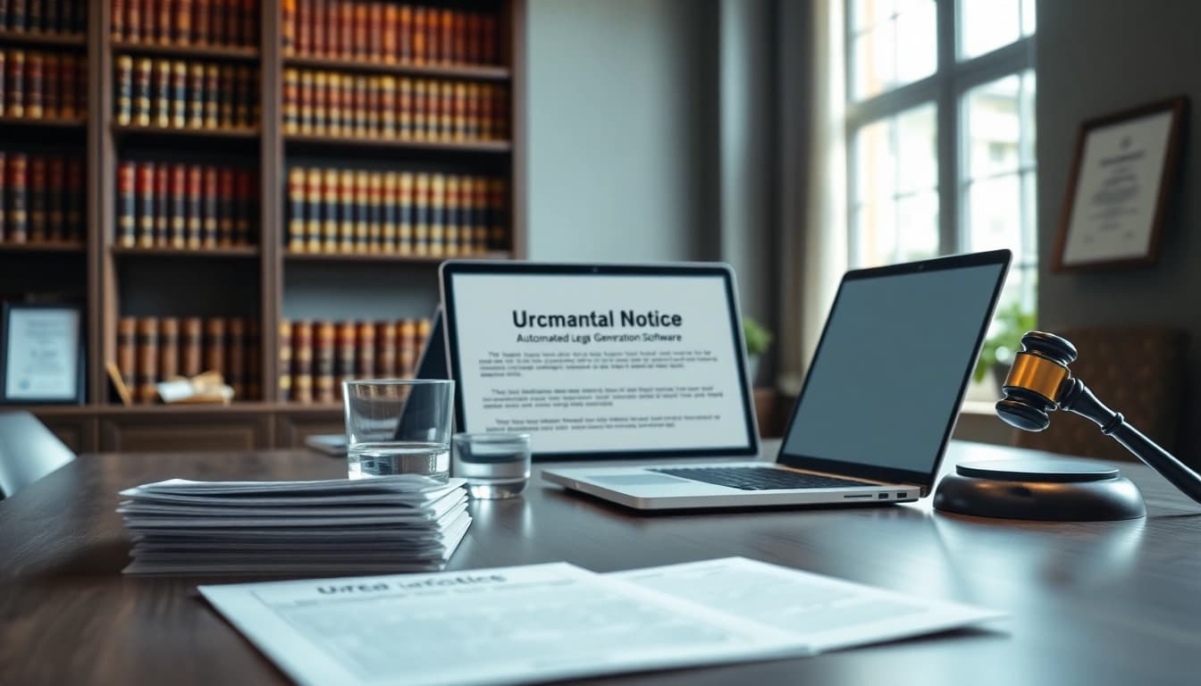 Showcasing automated legal notice generation on a professional desk, enhancing workflow efficiency.