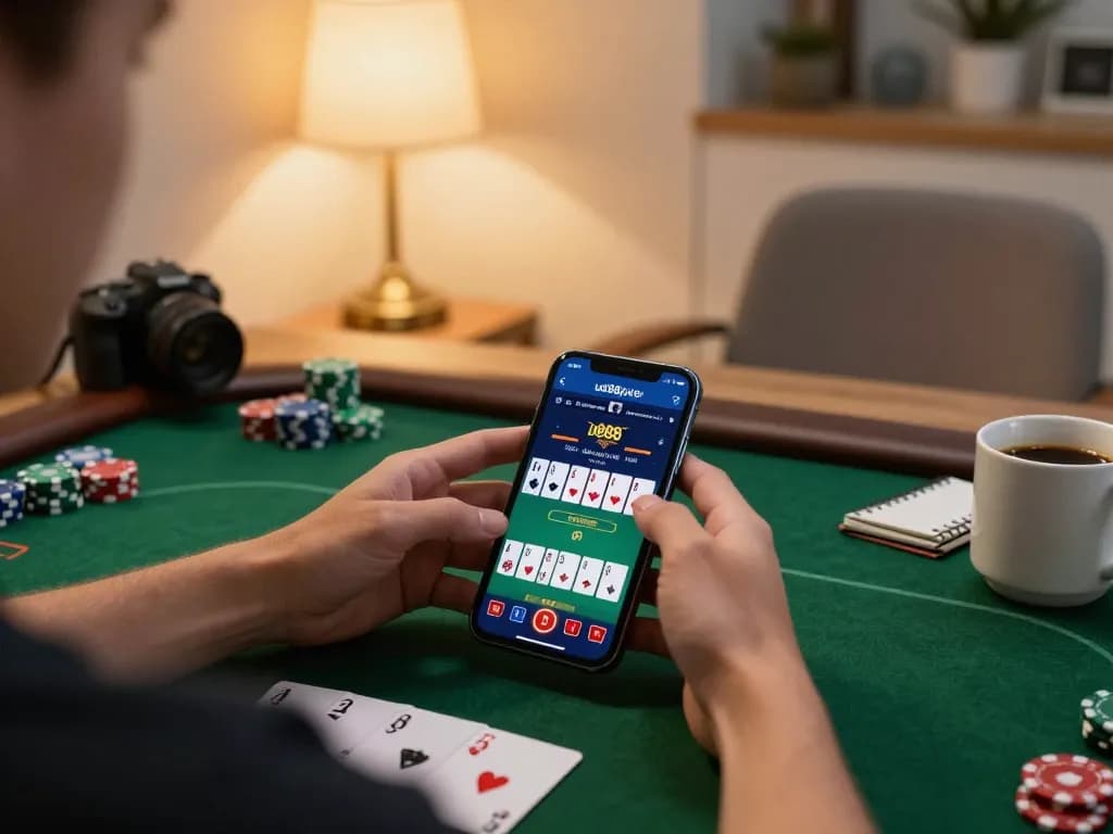 Engaging with the u888poker app on a smartphone in a cozy home setting for online poker.