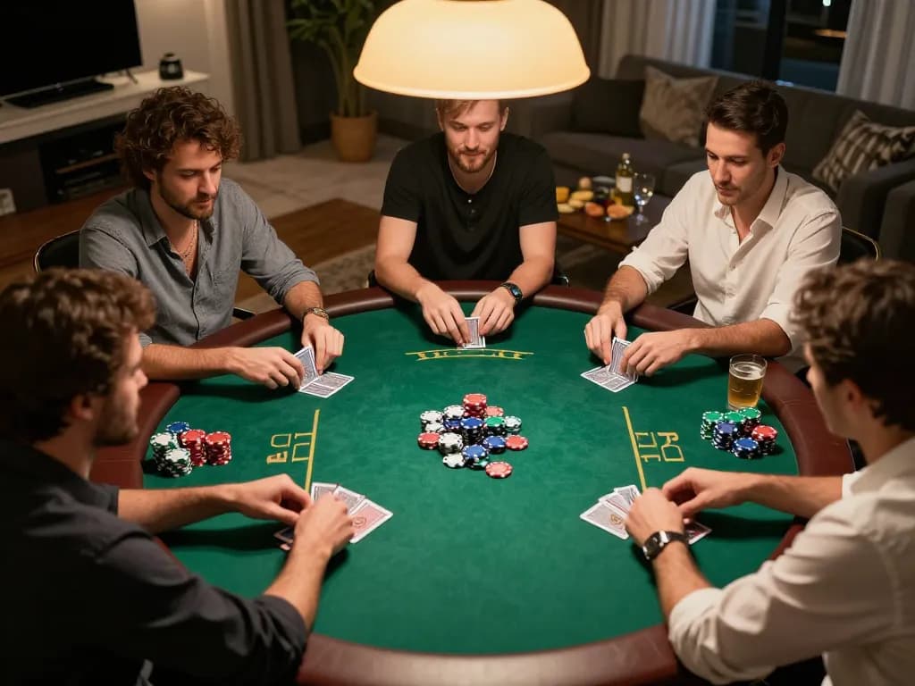 N188 poker night with players focusing on cards in a vibrant home setting, showcasing competitive gameplay