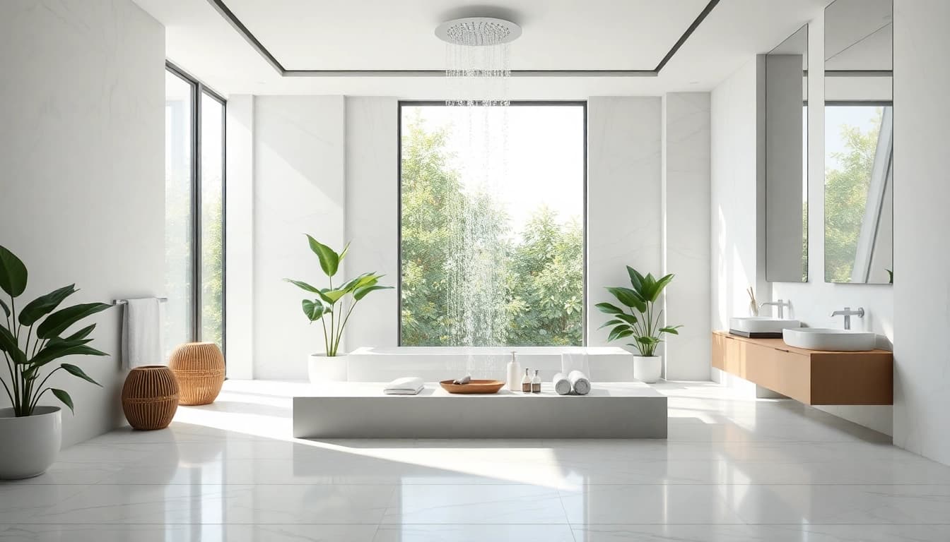Experience elegant showers au in a luxurious bathroom featuring a rainfall showerhead and natural light.