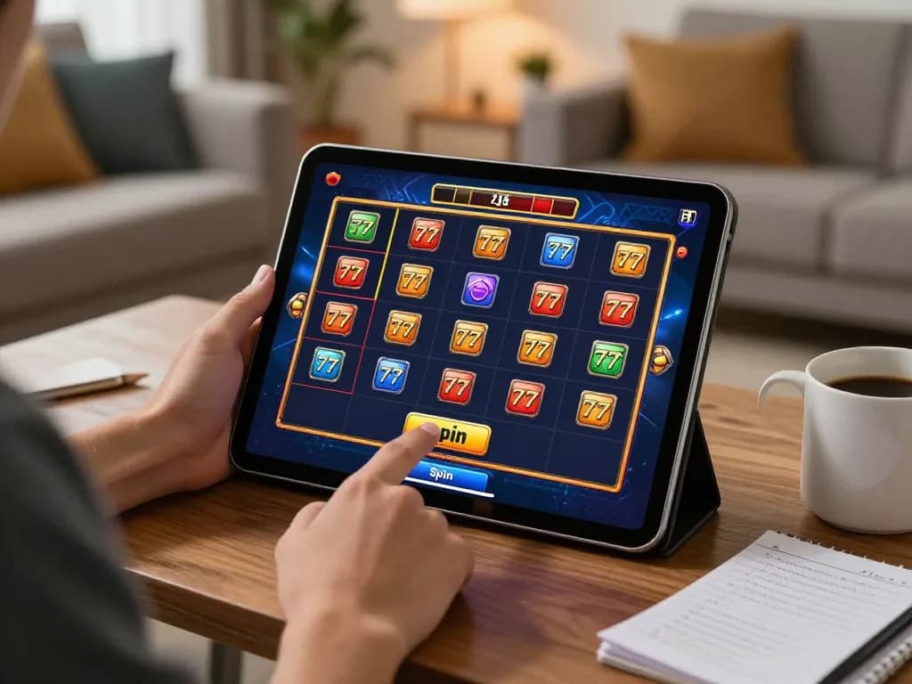 Player enjoying slot77 games on a tablet in a cozy home environment, highlighting online gambling.