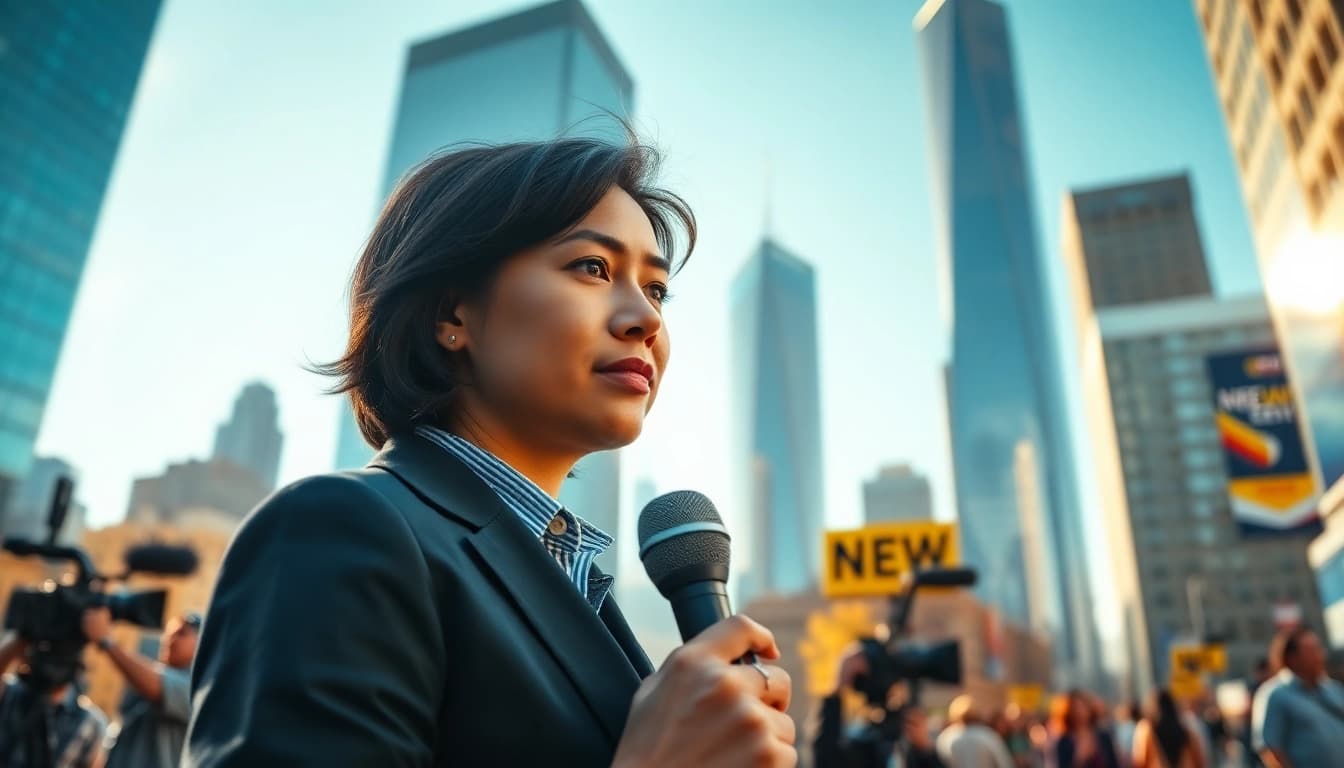 Report breaking news updates from a vibrant urban environment.