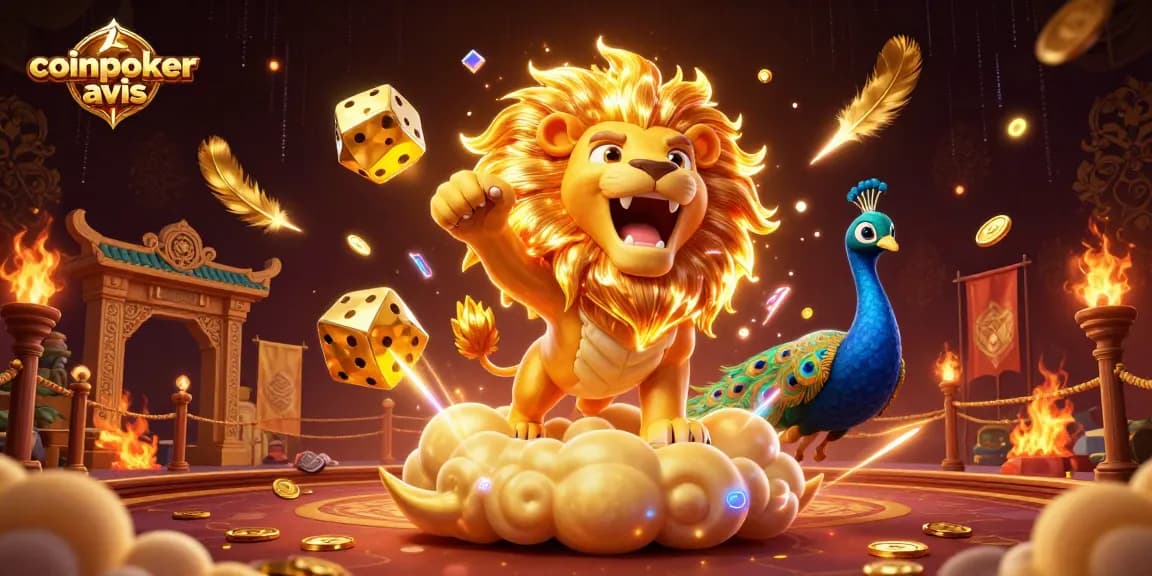 coinpoker avis : découvrez cette illustration dynamique illustrant l'univers du jeu, avec un lion de cartoon et des éléments de casino.