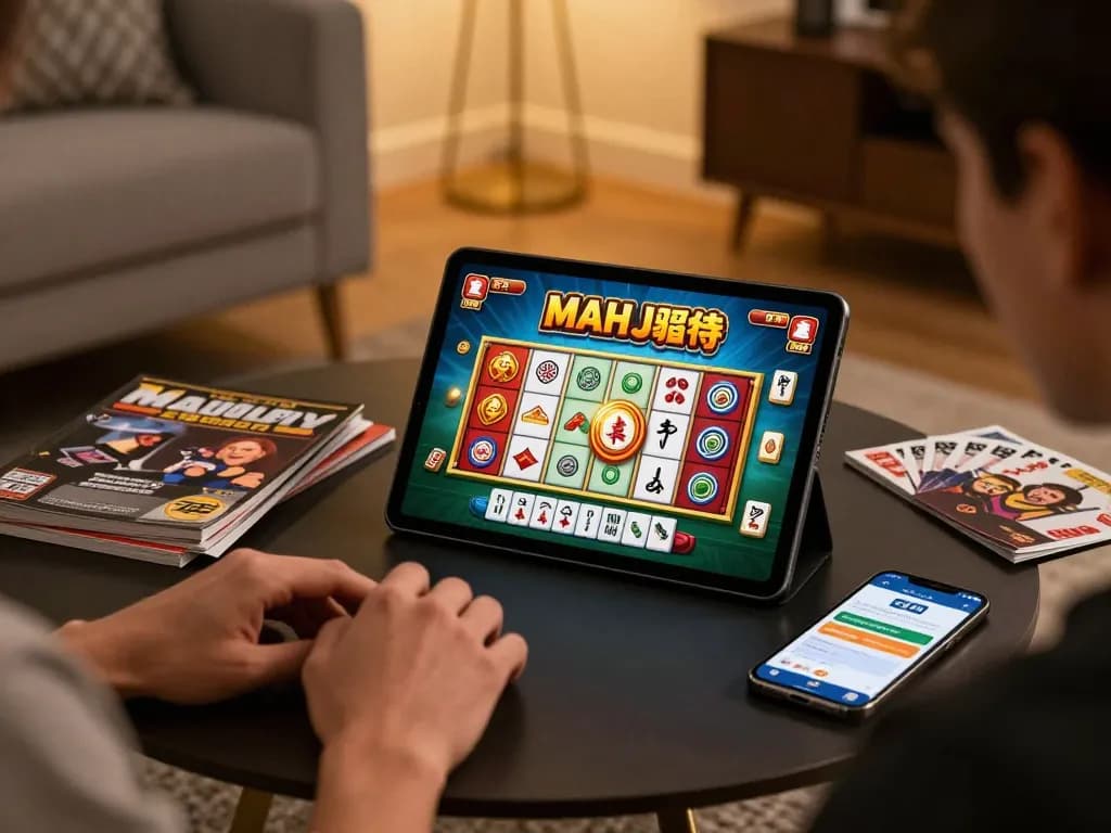 Player enjoying the Mahjong slot game on a tablet, emphasizing strategic gaming in a cozy setting.