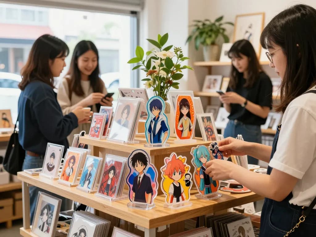 Custom acrylic stand featuring colorful designs in a vibrant artisan shop