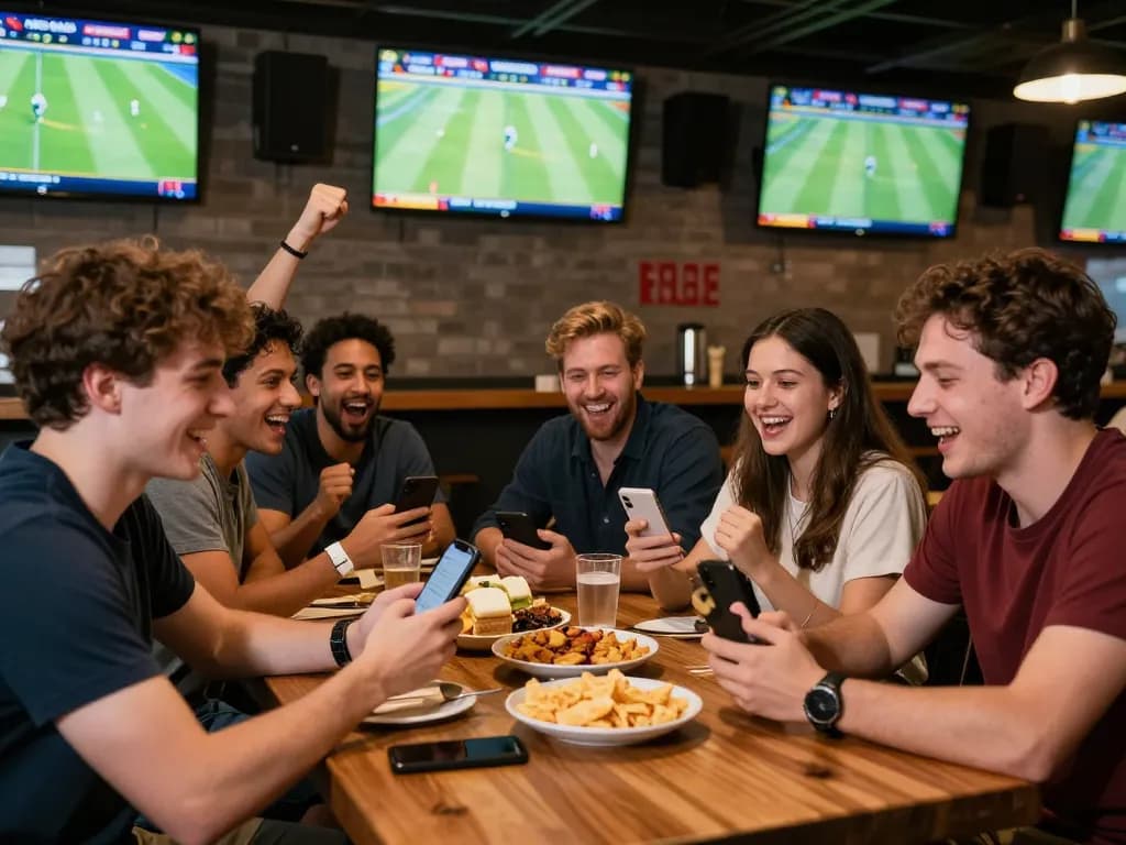 Cà khịa tv brings friends together as they cheer and place bets on games at a lively sports bar.