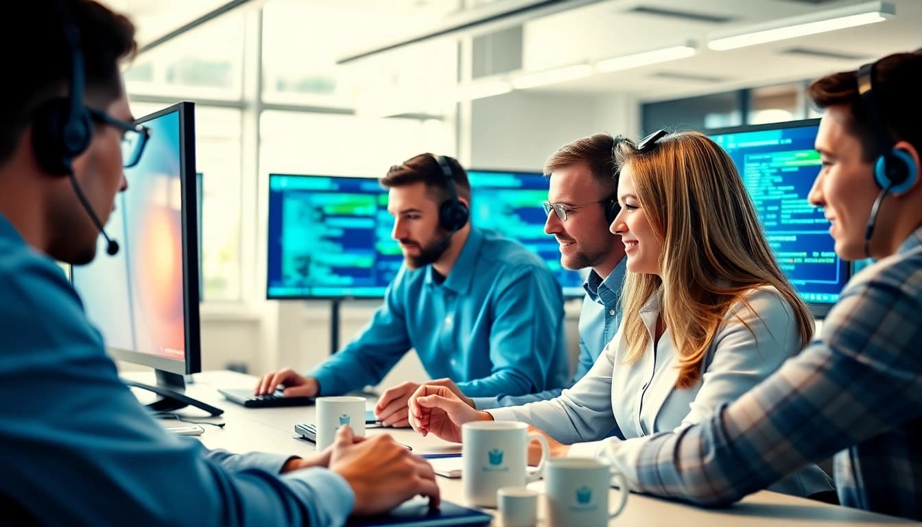 Engaged helpdesk support team troubleshooting technical issues in a modern office environment.