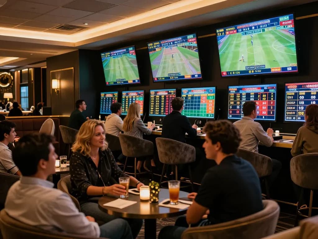 Engaged patrons analyzing live odds at PUB88 sports betting lounge, creating a vibrant atmosphere