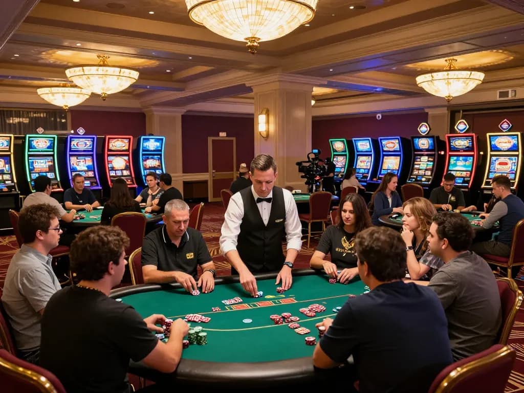 DABET poker players engaged in a thrilling game at an upscale casino atmosphere, showcasing intense gameplay and excitement.
