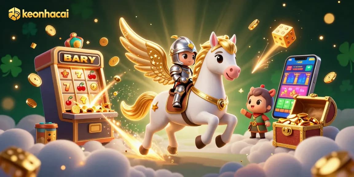 Engage with keonhacai through an immersive 3D illustration featuring a celestial horse and jackpot elements.