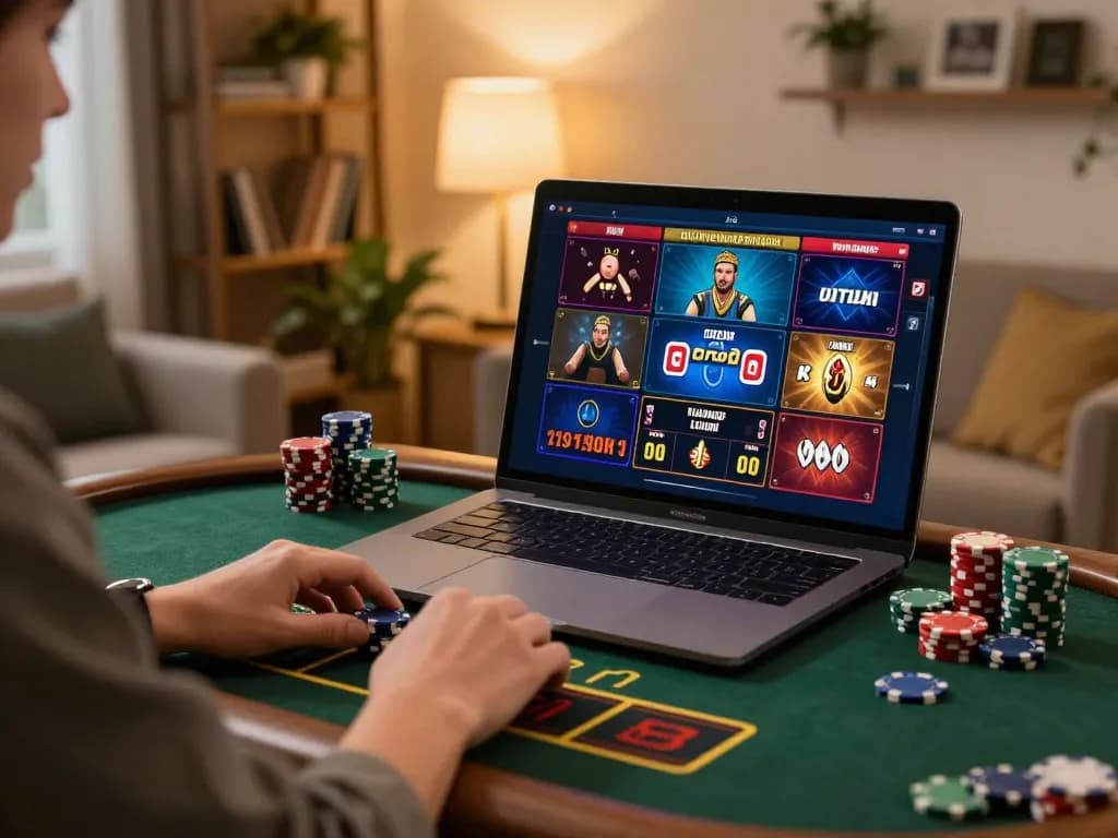 King33 player strategizing during live dealer game in a stylish home office.