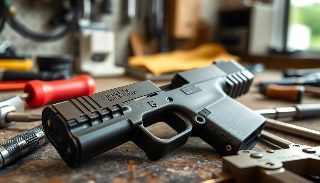 Inspecting a glock 19 slide oem on a workbench under natural light.