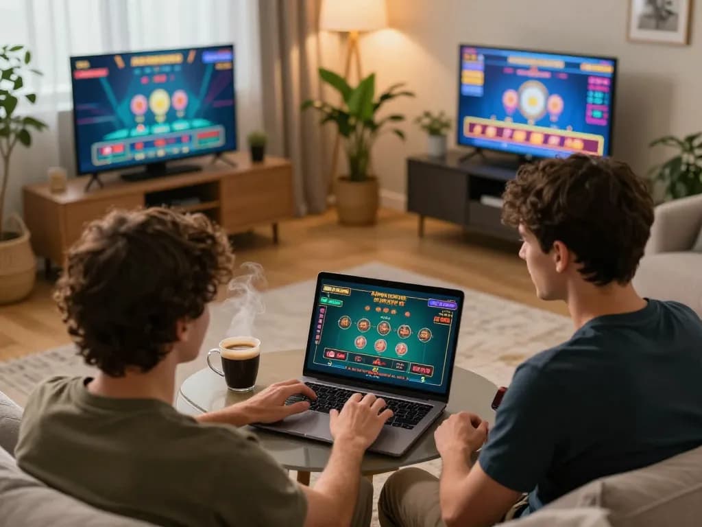 Player enjoying Kubet online casino on laptop, surrounded by betting notes and coffee in cozy home setting