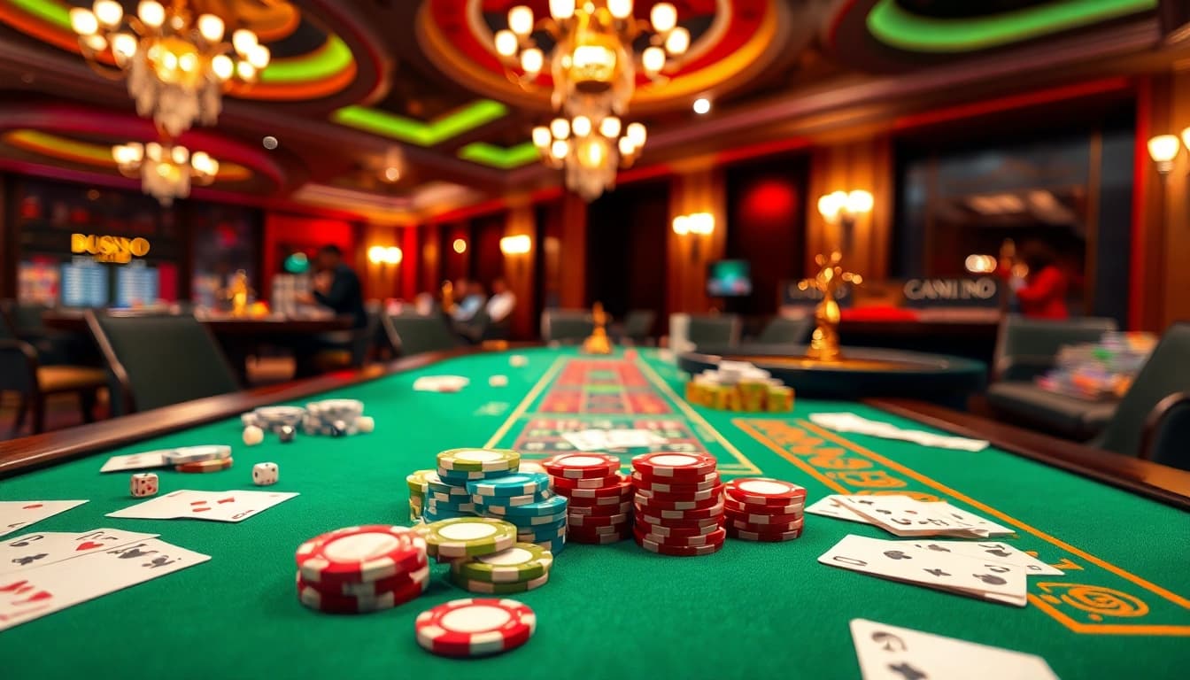 Taruhan menarik pada toto di meja kasino, dipenuhi dengan chip berwarna dan suasana gemerlap.