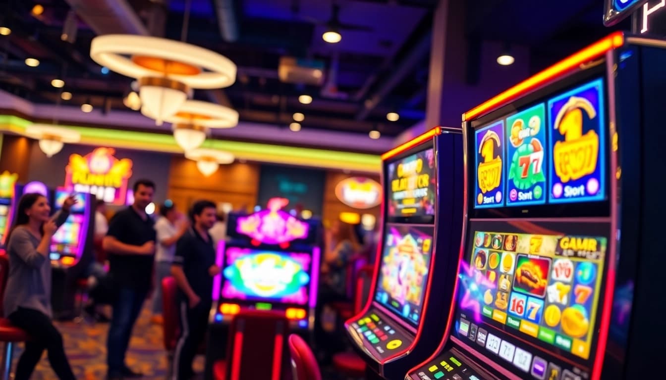 Engaged players experiencing RTP slot gacor excitement at a vibrant casino.