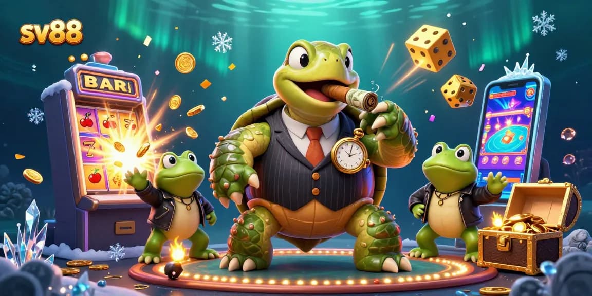 Win big at sv88 with vibrant casino action featuring a snapping turtle in a mobster suit and dynamic game elements.