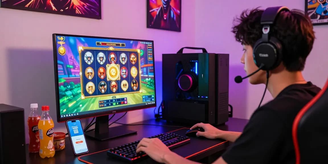 Player engaging with slot depo 1k game setup, showcasing vivid screen graphics and gaming gear.