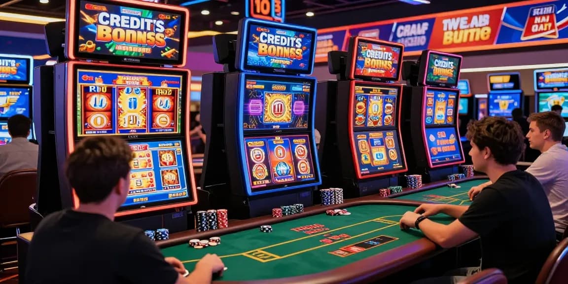 Exciting atmosphere of credit card casinos with players enjoying games online and promotional banners