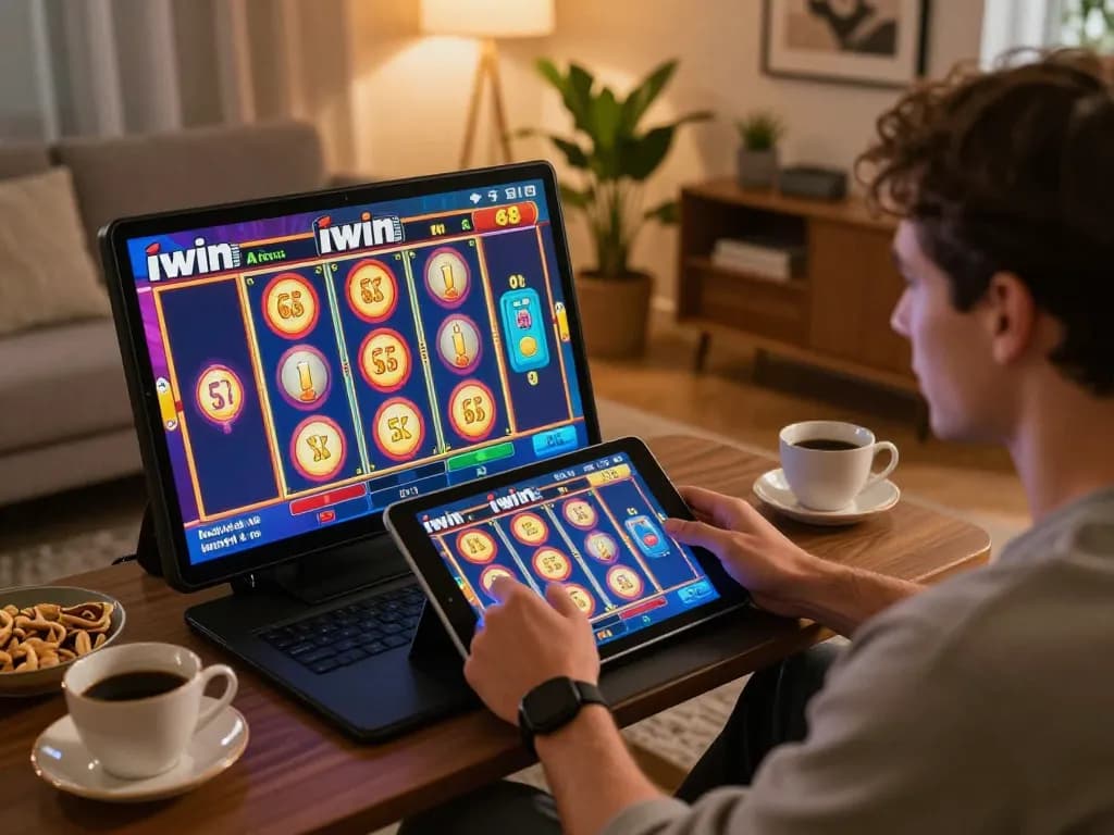 Player engaged in iwin 68 slot games on tablet in cozy home setting, showcasing interactive online gambling.