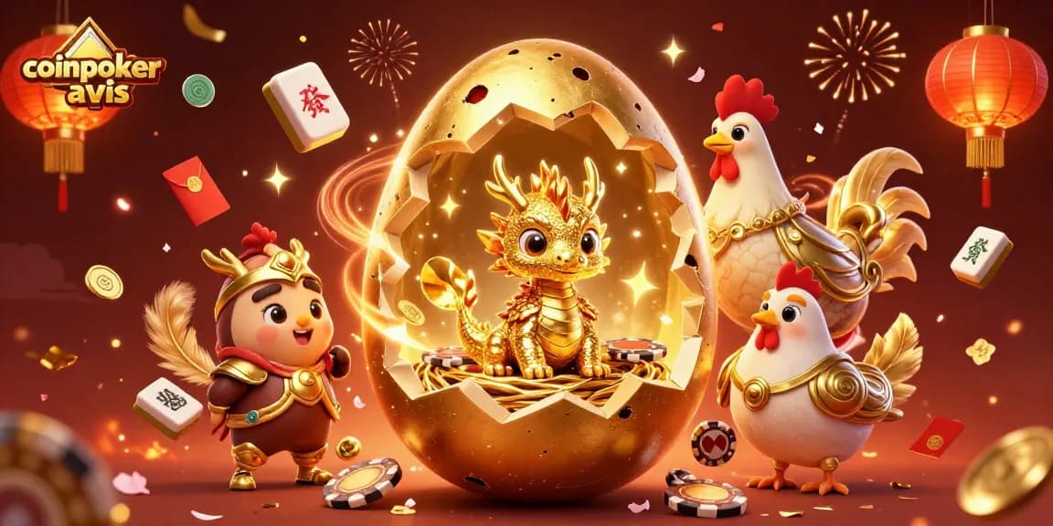 CoinPoker avis : Découvrez le dragon doré sur un lit de jetons de poker, entouré de lumières dorées.