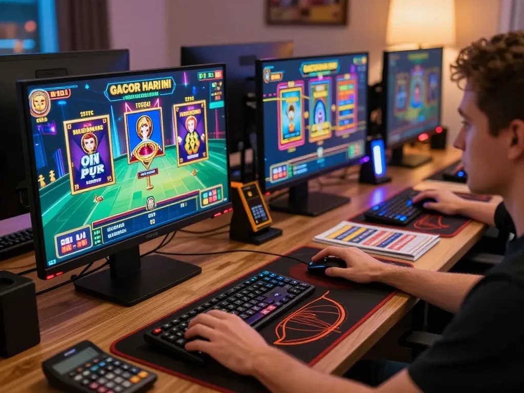 Play slot gacor hari ini on a dynamic online gaming setup with multiple screens and strategic tools