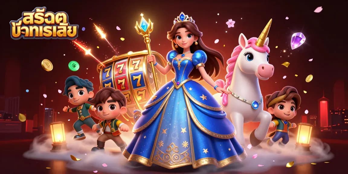 Experience สล็อตทดลองเล่น with striking visuals of a regal woman, unicorn, and vibrant casino elements.