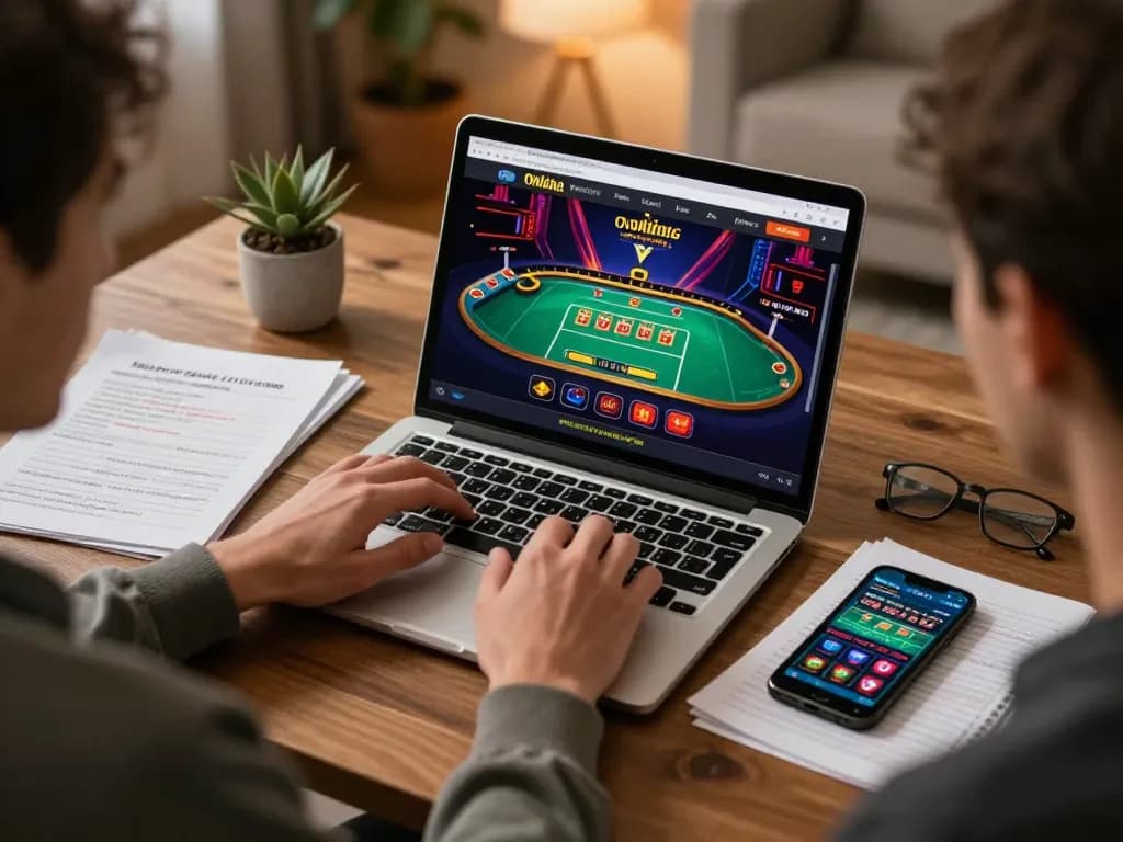 Engaging scene at home with online gambling setup showcasing open88 trang chủ gaming options and strategic notes.