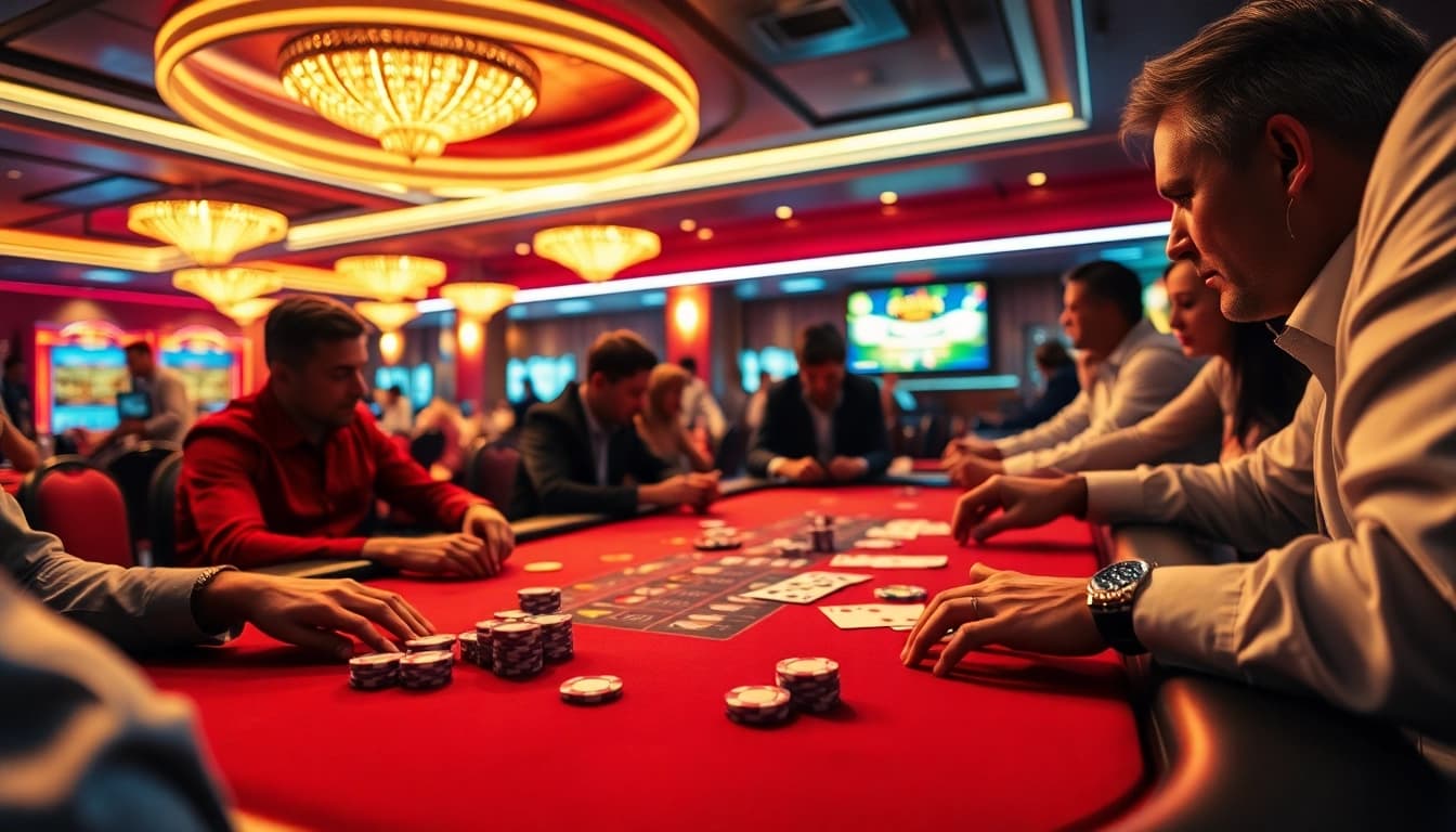 Permainan jutawanbet yang seru di meja poker dengan taruhan tinggi.
