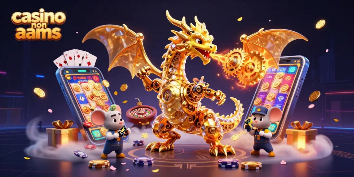 Giocatori che si divertono in un casino non AAMS circondati da simboli di gioco e un drago meccanico.