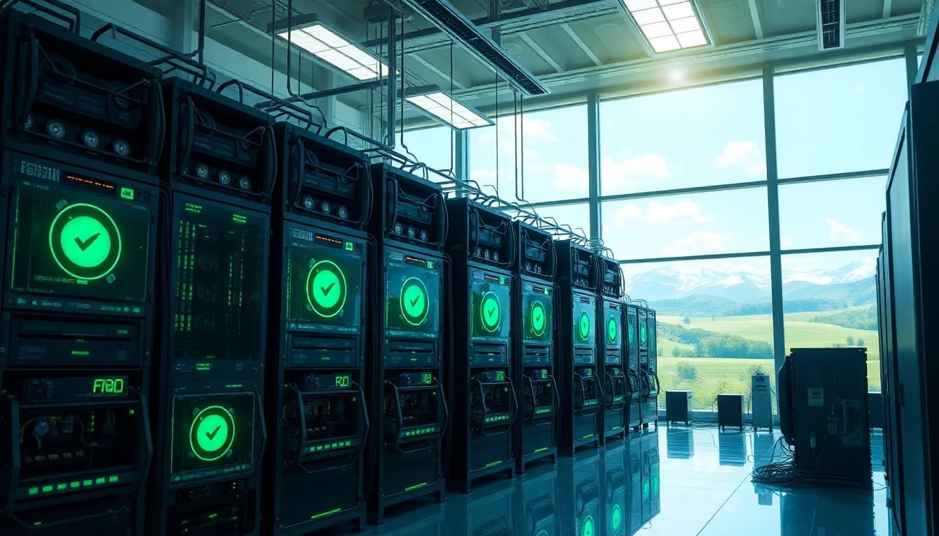 Free crypto mining at a sustainable, high-tech facility featuring advanced mining rigs powered by renewable energy.