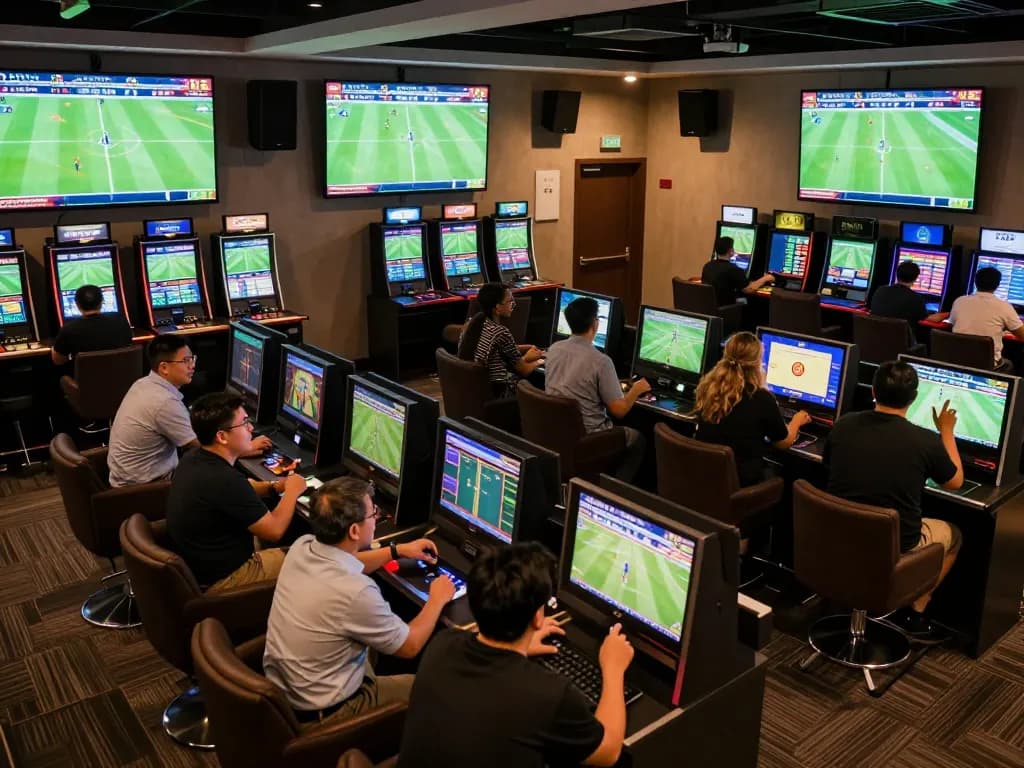 Kèo nhà cái 5 in action at a bustling sports betting lounge with excited bettors.