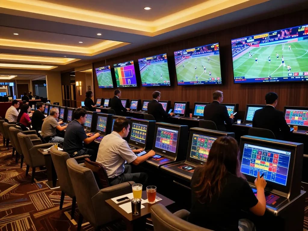 Patrons eagerly placing bets on qq88 during a major sporting event in a lively casino setting.