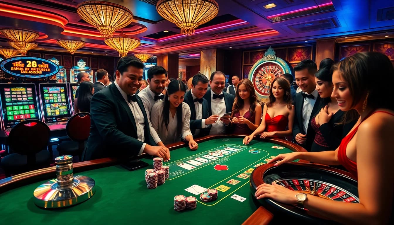 Players engaging in high-stakes gambling at a vibrant sc88 casino, showcasing poker, roulette, and slot machines.